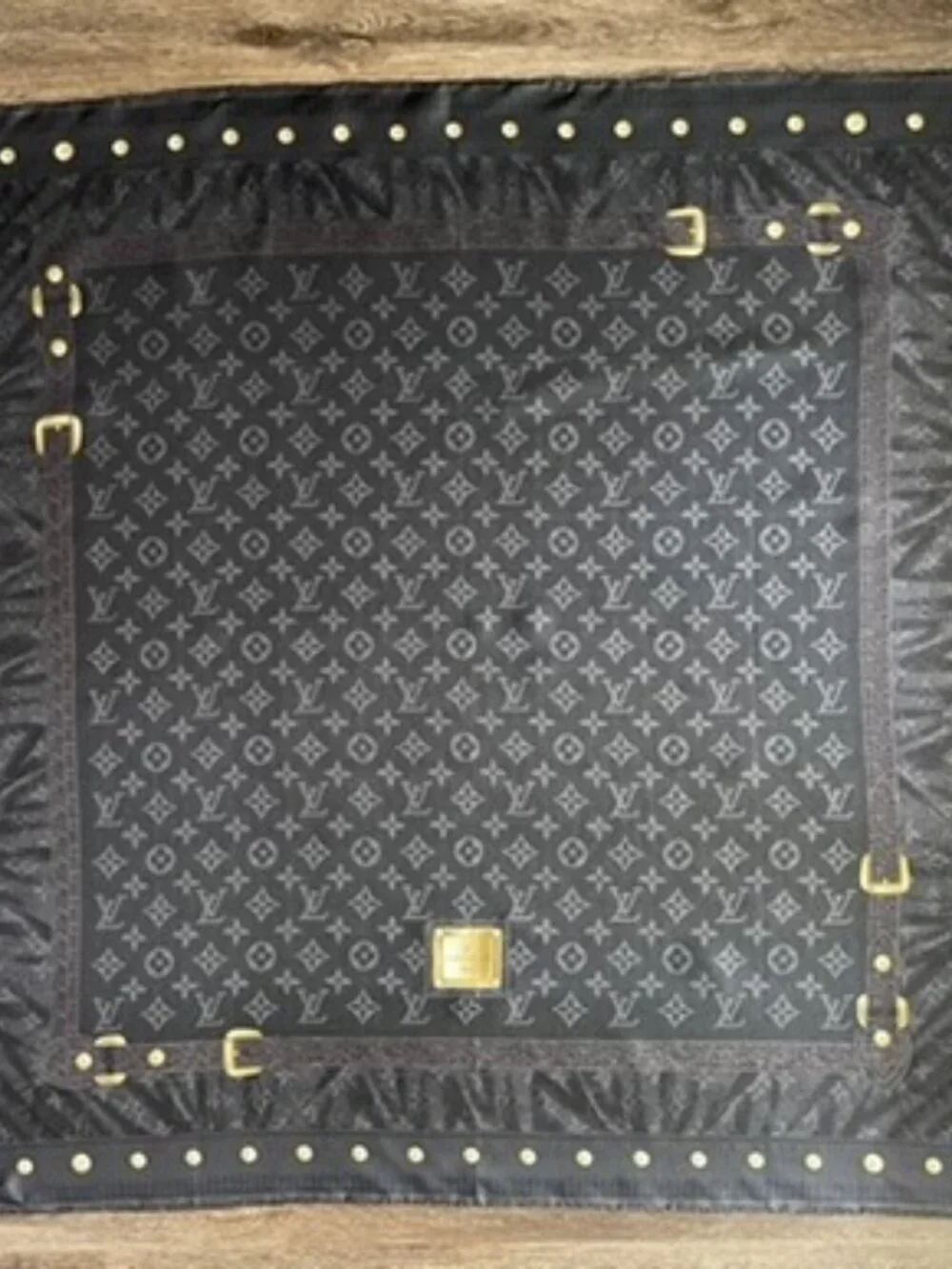 Display #2 Louis Vuitton Monogram Silk Twill Square Scarf Black Gray Gold